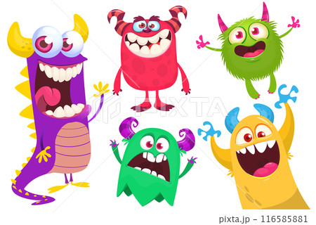 Funny cartoon monsters with different face expressions. Set of cartoon vector happy monsters characters. Halloween design for party decoration, package design Funny cartoon monsters with different face expressions. Set of cartoon vector happy monsters characters. Halloween design for party decoration, package design 116585881