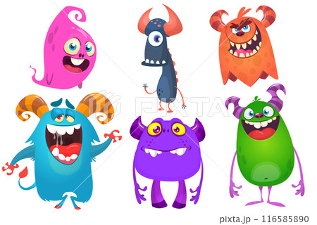 Funny cartoon monsters with different face expressions. Set of cartoon vector happy monsters characters. Halloween design for party decoration,  package design 116585890