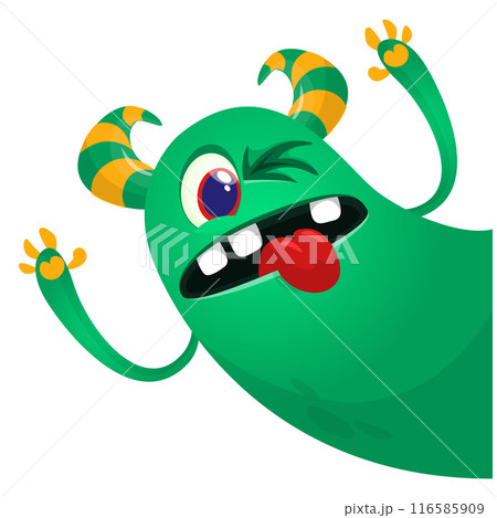 Cartoon scary monster with funny face expression waving hands . Vector illustration isolated on white. Halloween design Cartoon scary monster with funny face expression waving hands . Vector illustration isolated on white. Halloween design 116585909