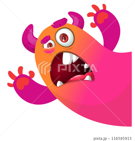 Cartoon scary monster with funny face expression waving hands . Vector illustration isolated on white. Halloween design 116585913