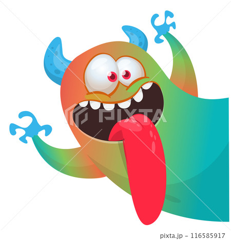 Cartoon happy monster with long tongue sticking out of the mouth.  Vector illustration isolated on white. For Halloween party or package design 116585917