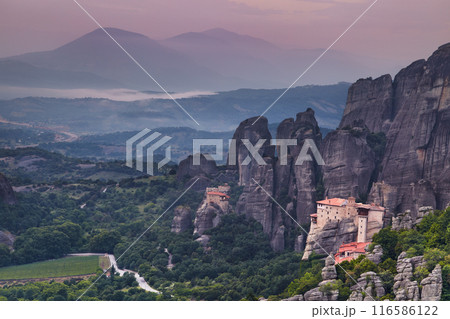 Monasteries of Meteora at sunrise in Greece 116586122