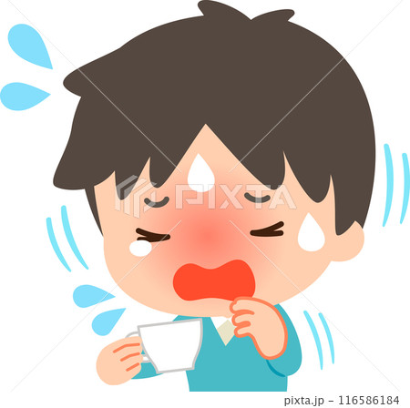 飲み物でむせて苦しんでいる男性 飲み物でむせて苦しんでいる男性 116586184