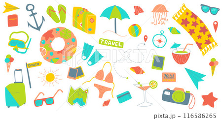 Set of summer Vacation items. Tropical sea, beach, and travel Concept. Vector Flat Cartoon Elements Collection Isolated on white. Summertime Equipment Umbrella, Ocean Shells, Ice cream for Sticker Set of summer Vacation items. Tropical sea, beach, and travel Concept. Vector Flat Cartoon Elements Collection Isolated on white. Summertime Equipment Umbrella, Ocean Shells, Ice cream for Sticker 116586265