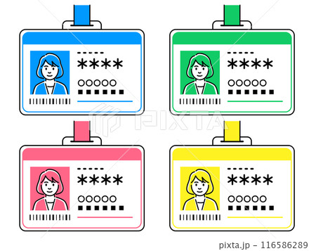 身分証明書 ホルダーに入った女性の顔写真入りのカード 4色 身分証明書 ホルダーに入った女性の顔写真入りのカード 4色 116586289