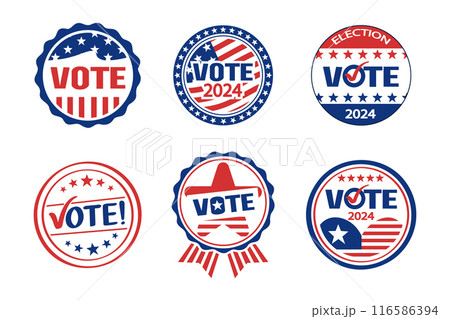 United States of america presidential election vote 2024 badges set . Vector . United States of america presidential election vote 2024 badges set . Vector . 116586394