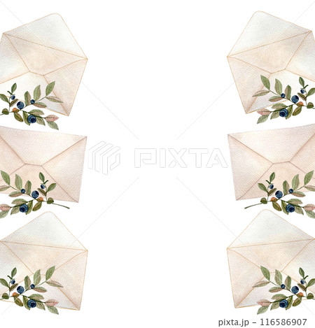 Envelope close and open, watercolor vertical frame isolated on white. Hand drawn high quality art. Simple flat style illustration for stationary designs, cards, notebooks, textile, packages design 116586907