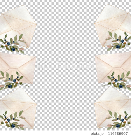 Envelope close and open, watercolor vertical frame isolated on white. Hand drawn high quality art. Simple flat style illustration for stationary designs, cards, notebooks, textile, packages design 116586907