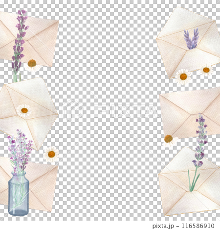 Envelopes close and open, with lavender and chamomile watercolor vertical frame isolated on white. Hand drawn art. Simple flat style illustration for stationary designs, cards, poster, packages design 116586910