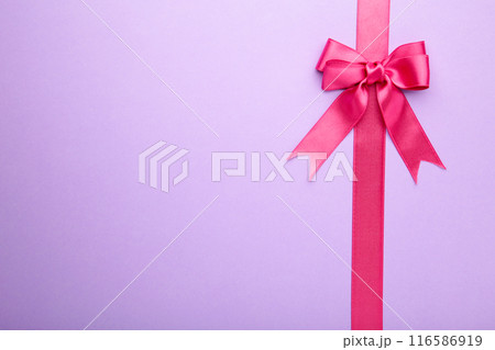 Pink pastel ribbon with bow on purple background. Pink pastel ribbon with bow on purple background. 116586919