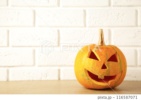 Halloween pumpkin head jack lantern on white background with copy space Halloween pumpkin head jack lantern on white background with copy space 116587071