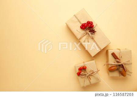 Gifts with autumn viburnum on biege background. Autumn composition. Gifts with autumn viburnum on biege background. Autumn composition. 116587203