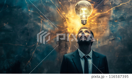 A businessman with glowing light bulbs, symbolizing a bright idea. The concept of innovation and creativity in the business world. Generative AI. 116587395