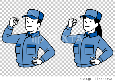 Set of men and women in overalls showing off their biceps Set of men and women in overalls showing off their biceps 116587398