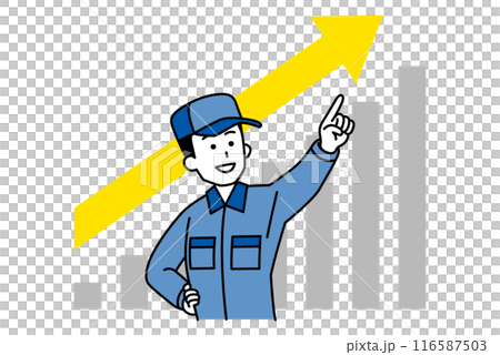 右肩上がりで成長するグラフと遠くを指差すつなぎ作業服の男性 116587503