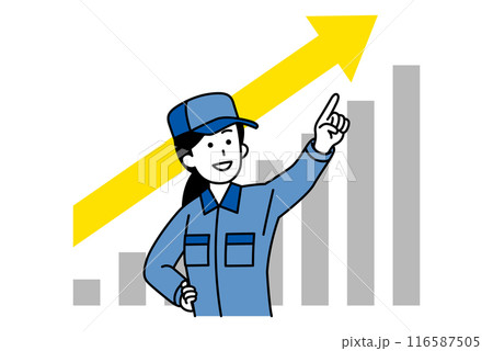 右肩上がりで成長するグラフと遠くを指差すつなぎ作業服の女性 116587505