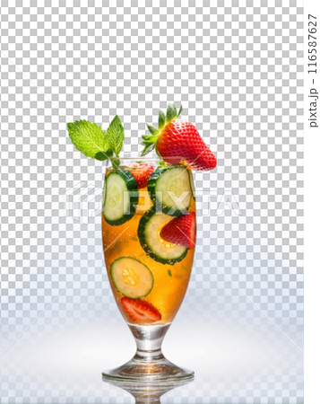 British Pimm s Cup in clear glass filled with cucumber slices strawberries and mint leaves 116587627