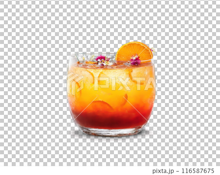 Mai Tai Punch A large bowl with layered orange and red liquid floating fruit slices 116587675