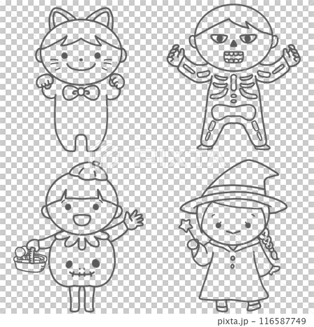 穿著萬聖節服裝的兒童的可愛線條畫插圖集 116587749
