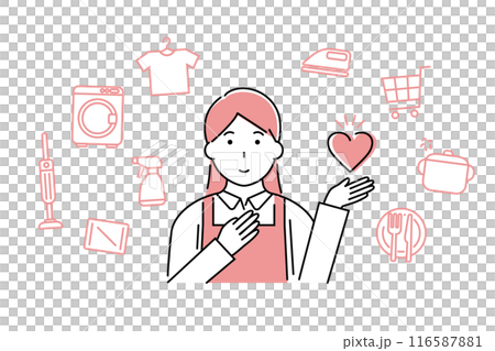 A woman wearing an apron holding up a heart and icons representing various household chores - Image of a housewife/housekeeping service 116587881