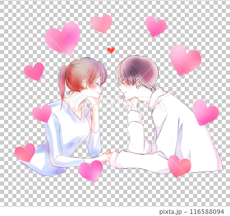 Smiling men and women facing each other, love, heart 116588094