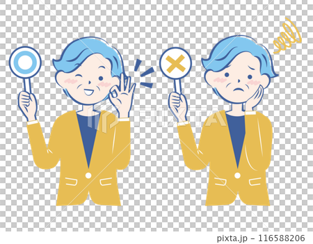 マルバツの札を持つスーツ姿のシニア女性　正解　不正解　3C 116588206