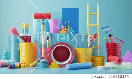 A dynamic composition of various painting supplies and equipment, including rollers, brushes, buckets of paint, and a folding ladder, arranged on a light blue background. 116588376