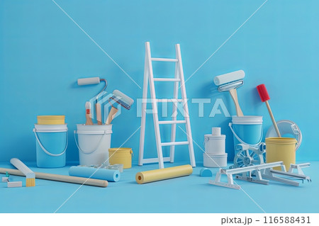 A 3D rendering of professional painting supplies and tools, including rollers, brushes, paint buckets, and a folding ladder, all set against a light blue background. 116588431