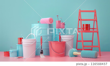 A dynamic composition of various painting supplies, including rollers, brushes, paint buckets, and a folding ladder, arranged on a light pink and blue background. 116588437