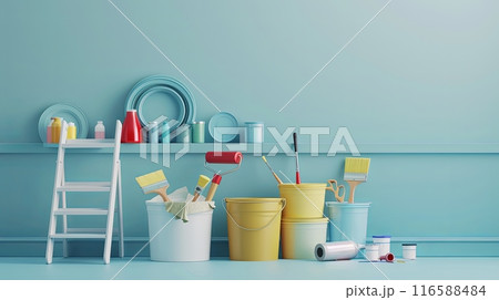An image featuring a collection of painting tools and supplies against a light blue background. The image includes paint buckets, paint rollers, brushes, and a step ladder. 116588484