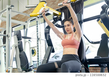 Young woman using gym machine to work on her arms strength during her morning workout at a local gym 116588632