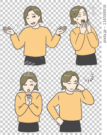 一組身著休閒服的年輕女子（上半身）的各種表情和姿勢照片 116588916