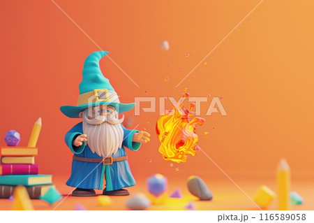 A wizard is holding a glowing orb and standing in front of a bookcase with Generative AI 116589058