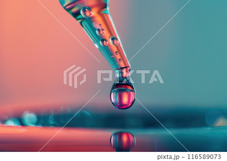 droplet of liquid is falling from a glass tube into a blue body of water with Generative AI 116589073