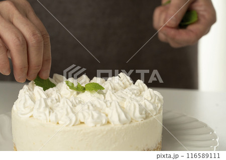 チーズケーキにミントの葉を飾る チーズケーキにミントの葉を飾る 116589111