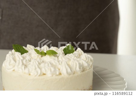 チーズケーキにミントの葉を飾る 116589112