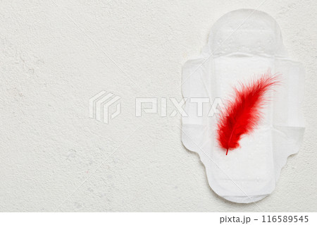 Women hygiene products or Sanitary pad with red feather on colored background. Pastel color. Closeup. Empty place for text. Female daily hygiene 116589545