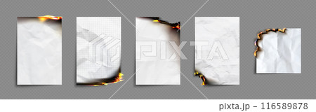 Notebook paper with texture and burnt edges. 116589878