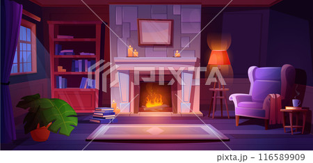 Night living room with fireplace 116589909