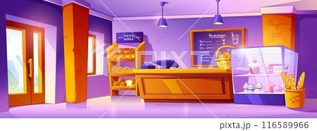 Bakery shop interior with pastry on shelves Bakery shop interior with pastry on shelves 116589966