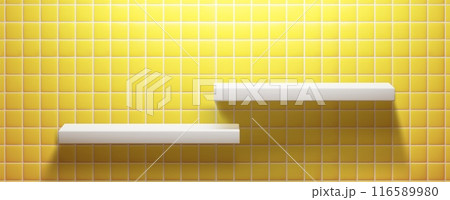 3d yellow kitchen shelf on tile wall background 3d yellow kitchen shelf on tile wall background 116589980