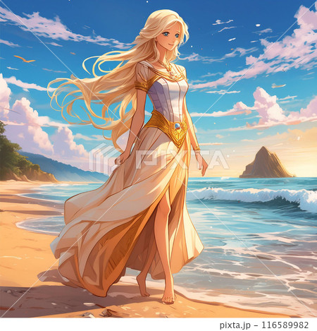 海岸を裸足で歩くお姫様 116589982