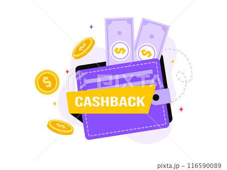 Cashback Vector Illustration with Financial Payment to Money Cashback Service for a Buyer on a Flat Cartoon Style Background Cashback Vector Illustration with Financial Payment to Money Cashback Service for a Buyer on a Flat Cartoon Style Background 116590089