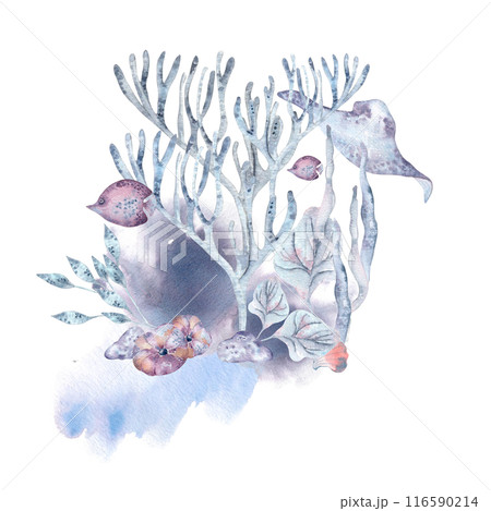 Underwater world monochrome with coral, fish, and sea plants on watercolor stains isolated . Marine arrangement with ray fish and seaweeds in dusty blue and pink tones hand drawn. Summer beach design 116590214