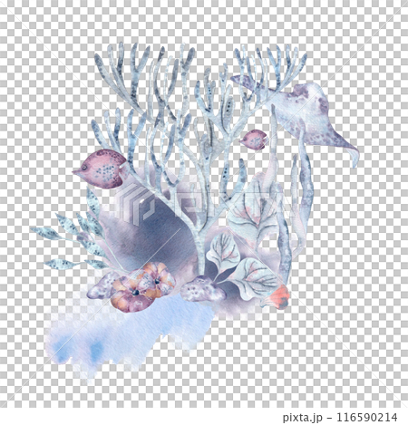 Underwater world monochrome with coral, fish, and sea plants on watercolor stains isolated . Marine arrangement with ray fish and seaweeds in dusty blue and pink tones hand drawn. Summer beach design 116590214