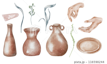 Pottery vases and modeling tools in watercolor illustration isolated. Set of ceramics items and women hands in pastel tone hand drawn. Floral elements in sketch. For ceramics handmade, modeling clay Pottery vases and modeling tools in watercolor illustration isolated. Set of ceramics items and women hands in pastel tone hand drawn. Floral elements in sketch. For ceramics handmade, modeling clay 116590244