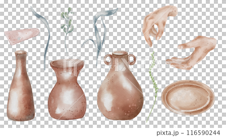 Pottery vases and modeling tools in watercolor illustration isolated. Set of ceramics items and women hands in pastel tone hand drawn. Floral elements in sketch. For ceramics handmade, modeling clay Pottery vases and modeling tools in watercolor illustration isolated. Set of ceramics items and women hands in pastel tone hand drawn. Floral elements in sketch. For ceramics handmade, modeling clay 116590244