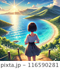 女の子が眺める山から見える綺麗な海 116590281