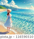 麦わら少女が眺める綺麗な夏の浜辺 116590310