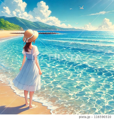 麦わら少女が眺める綺麗な夏の浜辺 116590310